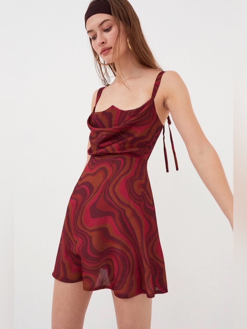 For Love And Lemons Swirl Print Cowl Neck Mini Dress - Red, Brown